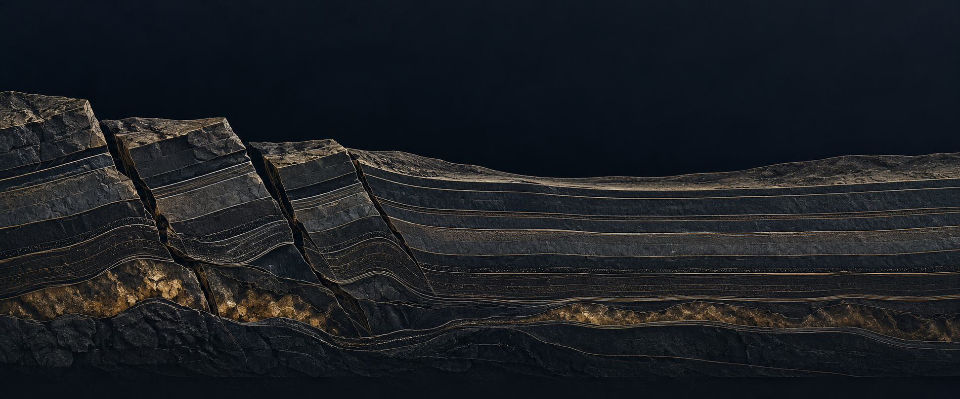 Geological strata moving from fractured blocks to a coherent structure, in muted-gold lines